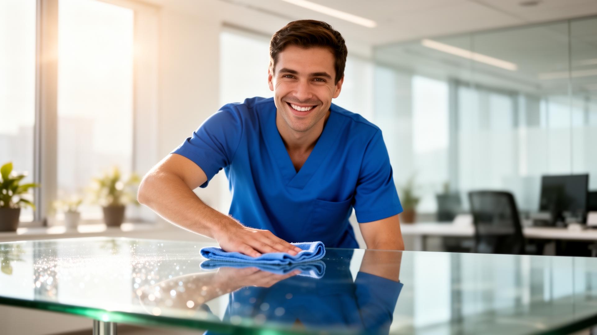 Professional cleaner polishing a glass desk in a bright office